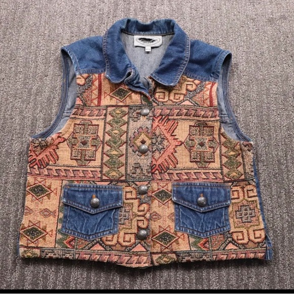 Vintage Denim Tapestry Woven Vest Southwestern Aztec Pattern Women's Petite S - Picture 1 of 11